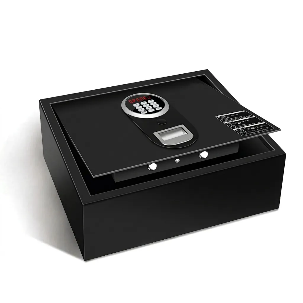 Heavy-Gauge Top-Opening Safe with Pneumatic Lid [1033] — SFB-1033 — A top-opening hotel safe in arc-welded heavy-gauge steel with an 18mm solid steel bolt and a reinforced 4mm door. A backlit LED keypad takes a 3-6 digit code with key override, plus a pneumatic lid and backup power supply. In black or orange. (image 8)