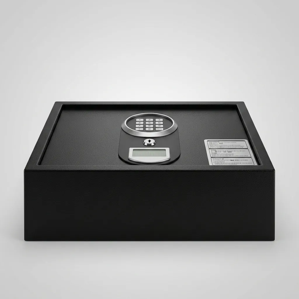Heavy-Gauge Top-Opening Safe with Pneumatic Lid [1033] — SFB-1033 — A top-opening hotel safe in arc-welded heavy-gauge steel with an 18mm solid steel bolt and a reinforced 4mm door. A backlit LED keypad takes a 3-6 digit code with key override, plus a pneumatic lid and backup power supply. In black or orange. (image 9)