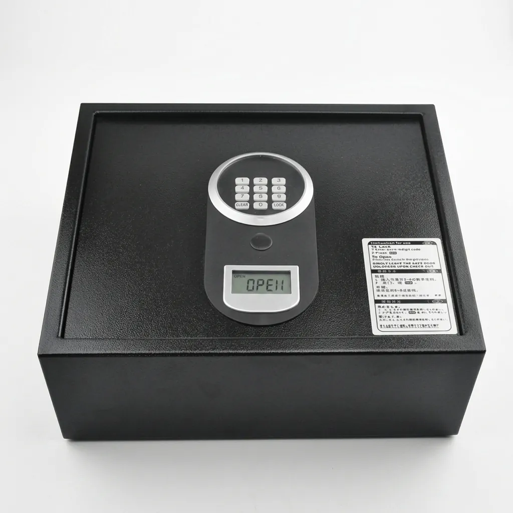 Heavy-Gauge Top-Opening Safe with Pneumatic Lid [1033] — SFB-1033 — A top-opening hotel safe in arc-welded heavy-gauge steel with an 18mm solid steel bolt and a reinforced 4mm door. A backlit LED keypad takes a 3-6 digit code with key override, plus a pneumatic lid and backup power supply. In black or orange. (image 10)