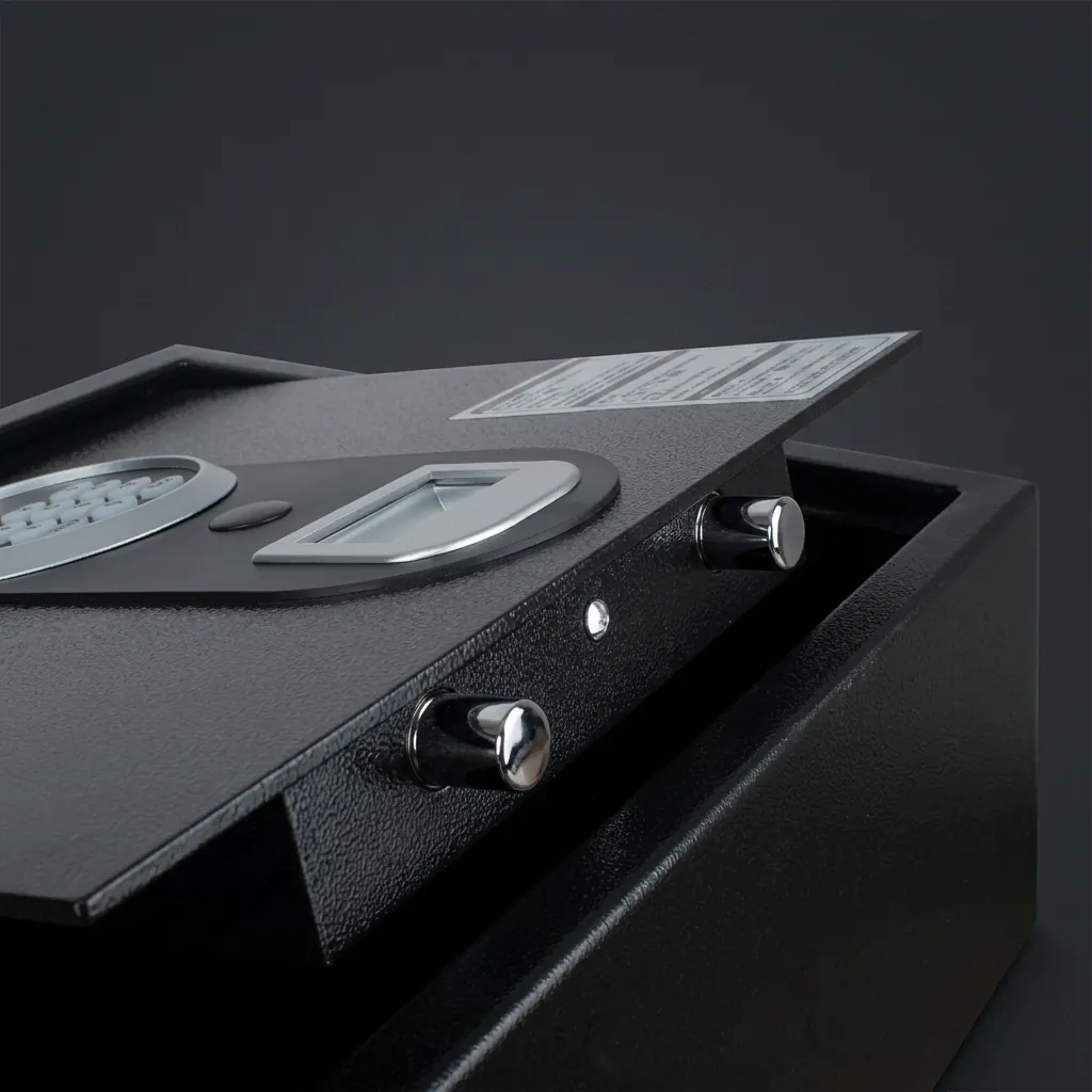 Heavy-Gauge Top-Opening Safe with Pneumatic Lid [1033] — SFB-1033 — A top-opening hotel safe in arc-welded heavy-gauge steel with an 18mm solid steel bolt and a reinforced 4mm door. A backlit LED keypad takes a 3-6 digit code with key override, plus a pneumatic lid and backup power supply. In black or orange. (image 11)