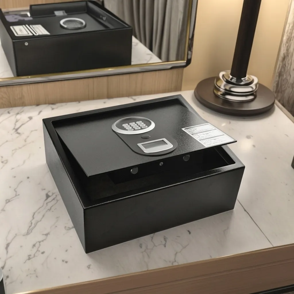 Heavy-Gauge Top-Opening Safe with Pneumatic Lid [1033] — SFB-1033 — A top-opening hotel safe in arc-welded heavy-gauge steel with an 18mm solid steel bolt and a reinforced 4mm door. A backlit LED keypad takes a 3-6 digit code with key override, plus a pneumatic lid and backup power supply. In black or orange. (image 12)