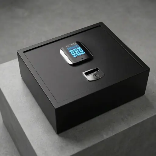 Heavy-Gauge Top-Opening Safe with Pneumatic Lid [1034] — SFB-1034 — A top-opening hotel safe in arc-welded heavy-gauge steel with a 1.5mm body, reinforced 4mm door and an 18mm steel bolt. A backlit LED keypad takes a 3 to 6 digit guest code with master-code and key override, plus a 5-minute lockout after wrong attempts. The pneumatic lid and pre-drilled mounting holes ease daily use, powered by 4 AA batteries, in black or orange.