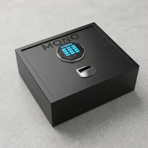 Heavy-Gauge Top-Opening Safe with Pneumatic Lid [1035] — SFB-1035 — A top-opening hotel safe in arc-welded heavy-gauge steel with a 1.5mm body, reinforced 4mm door and an 18mm solid steel bolt. A backlit LED keypad takes a 3 to 6 digit guest code with master-code and key override, plus a 5-minute lockout after four wrong tries. The pneumatic lid eases access, powered by 4 AA batteries, finished in black.