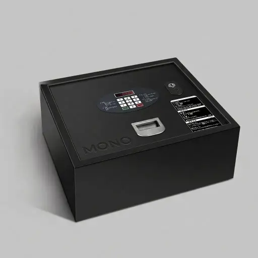 Heavy-Gauge Top-Opening Safe with Pneumatic Lid [1036] — SFB-1036 — A top-opening hotel safe in arc-welded heavy-gauge steel with a 1.5mm body, reinforced 4mm door and an 18mm steel bolt. A backlit LED keypad takes a 3 to 6 digit guest code with master-code and key override, plus a 5-minute lockout after three wrong tries. The pneumatic lid and pre-drilled mounting holes make installation simple, powered by 4 AA batteries, in black or orange.