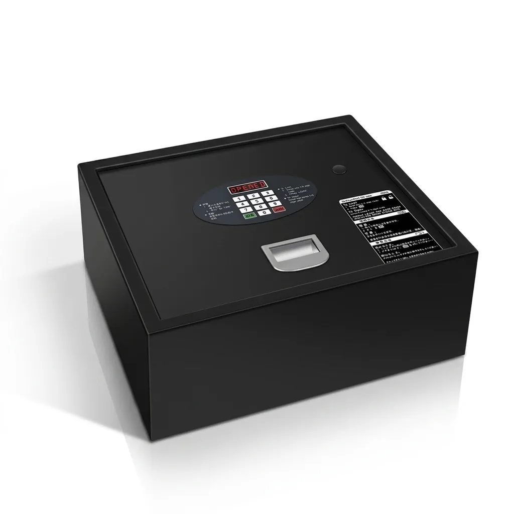 Heavy-Gauge Top-Opening Safe with Pneumatic Lid [1037] — SFB-1037 — A top-opening hotel safe in arc-welded heavy-gauge steel with a 1.5mm body, reinforced 4mm door and an 18mm solid steel bolt. A backlit LED keypad takes a 3 to 6 digit guest code with master-code and key override, plus a 5-minute lockout after repeated wrong tries. The pneumatic lid eases access, powered by 4 AA batteries, in black or orange. (image 6)