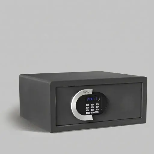 Steel Side-Opening Safe with Memory Log — SFB-1038 — A side-opening hotel safe in steel with a sand-texture finish and a solid steel double-bolt locking mechanism. A blue LED display, ADA braille silicone buttons and a 4 to 6 digit code with master code and key add accessibility and security, plus a decoding function and 200-record flash memory. ESD protection over 6000V, with auto-lock after three wrong tries.