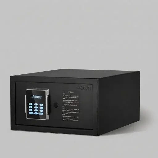 Steel Side-Opening Safe with Audit Trail — SFB-1039 — A side-opening hotel safe in steel with a sand-texture finish and a solid steel double-bolt lock for strong security. A blue LED display, ADA braille silicone buttons and a 4 to 6 digit code with master code and key make it accessible, with a 200-entry audit trail and ESD protection over 6000V. Auto-locks after repeated wrong attempts.