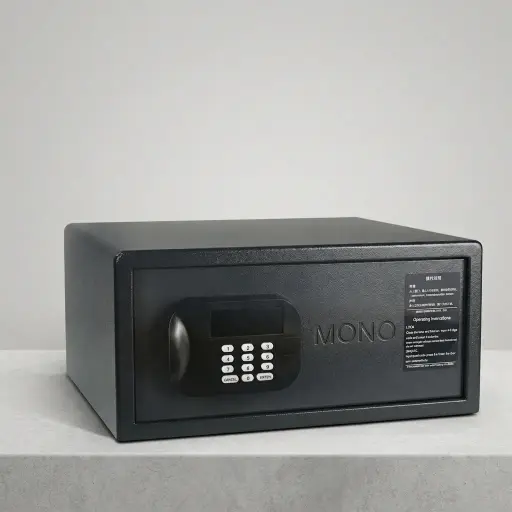 Heavy-Gauge Side-Opening Safe with Sand-Texture Finish [1041] — SFB-1041 — A side-opening hotel safe in arc-welded heavy-gauge steel with an 18mm solid steel bolt for strong security. A backlit LED keypad takes a 4 to 6 digit guest code with master-code and key override, plus a 5-minute lockout after three wrong tries. The door opens automatically on the correct code, with a backup safety key and pre-drilled mounting holes, powered by 4 AA batteries, in black or orange.