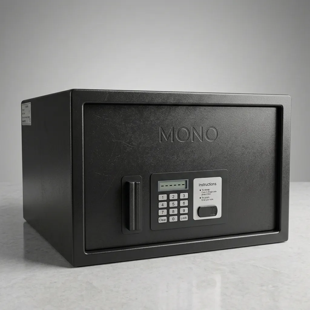 Heavy-Gauge Side-Opening Safe with Sand-Texture Finish [1042] — SFB-1042 — A side-opening hotel safe in arc-welded heavy-gauge steel with a sand-texture finish and an 18mm solid steel bolt. It opens three ways: a 4 to 6 digit guest code, a 6 digit master code or a mechanical key, with a 5-minute lockout after three wrong tries. A backlit LED keypad and reinforced 4mm door add security, powered by 4 AA batteries, finished in black. (image 1)