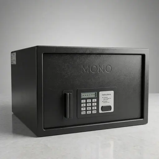 Heavy-Gauge Side-Opening Safe with Sand-Texture Finish [1042] — SFB-1042 — A side-opening hotel safe in arc-welded heavy-gauge steel with a sand-texture finish and an 18mm solid steel bolt. It opens three ways: a 4 to 6 digit guest code, a 6 digit master code or a mechanical key, with a 5-minute lockout after three wrong tries. A backlit LED keypad and reinforced 4mm door add security, powered by 4 AA batteries, finished in black.
