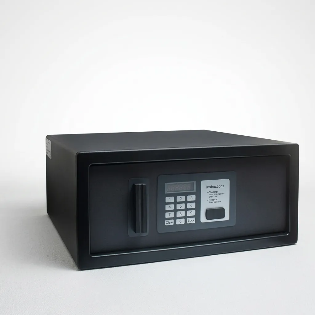 Heavy-Gauge Side-Opening Safe with Sand-Texture Finish [1042] — SFB-1042 — A side-opening hotel safe in arc-welded heavy-gauge steel with a sand-texture finish and an 18mm solid steel bolt. It opens three ways: a 4 to 6 digit guest code, a 6 digit master code or a mechanical key, with a 5-minute lockout after three wrong tries. A backlit LED keypad and reinforced 4mm door add security, powered by 4 AA batteries, finished in black. (image 2)