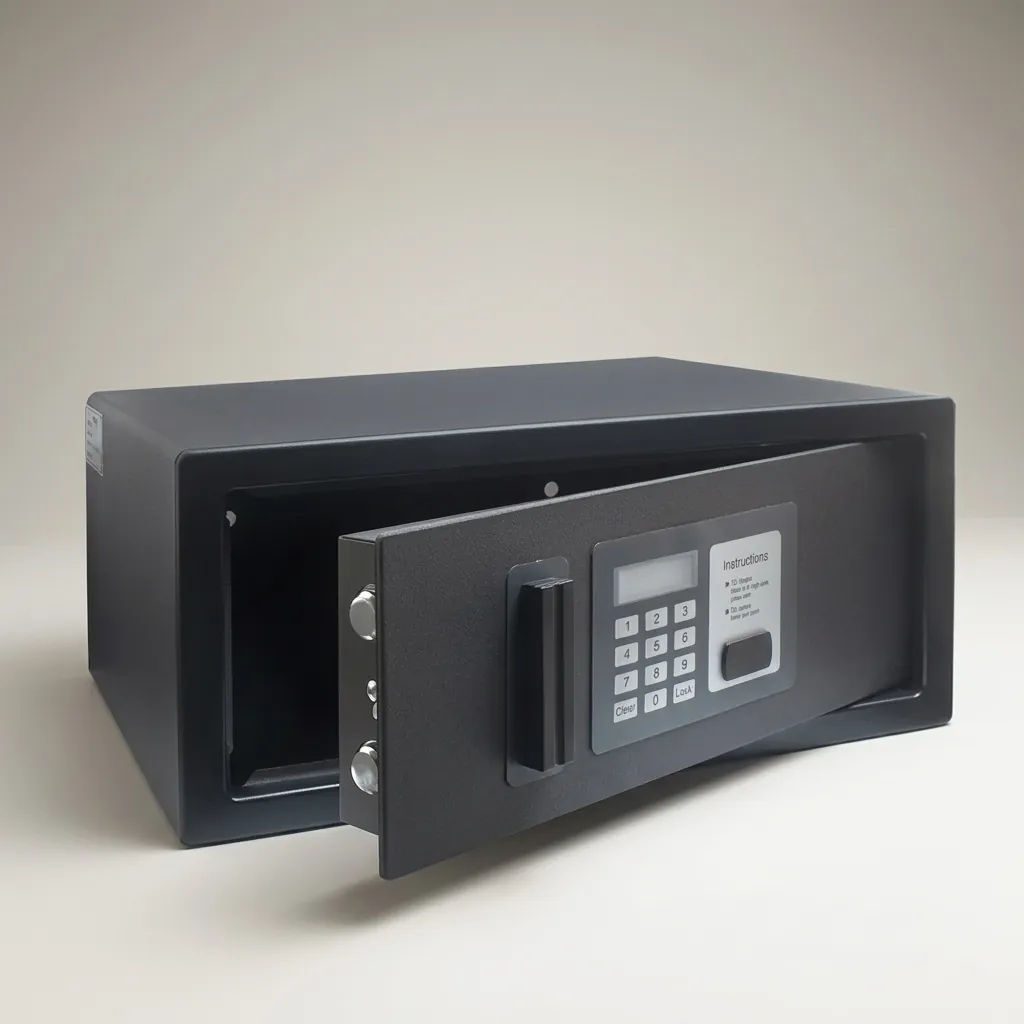 Heavy-Gauge Side-Opening Safe with Sand-Texture Finish [1042] — SFB-1042 — A side-opening hotel safe in arc-welded heavy-gauge steel with a sand-texture finish and an 18mm solid steel bolt. It opens three ways: a 4 to 6 digit guest code, a 6 digit master code or a mechanical key, with a 5-minute lockout after three wrong tries. A backlit LED keypad and reinforced 4mm door add security, powered by 4 AA batteries, finished in black. (image 3)