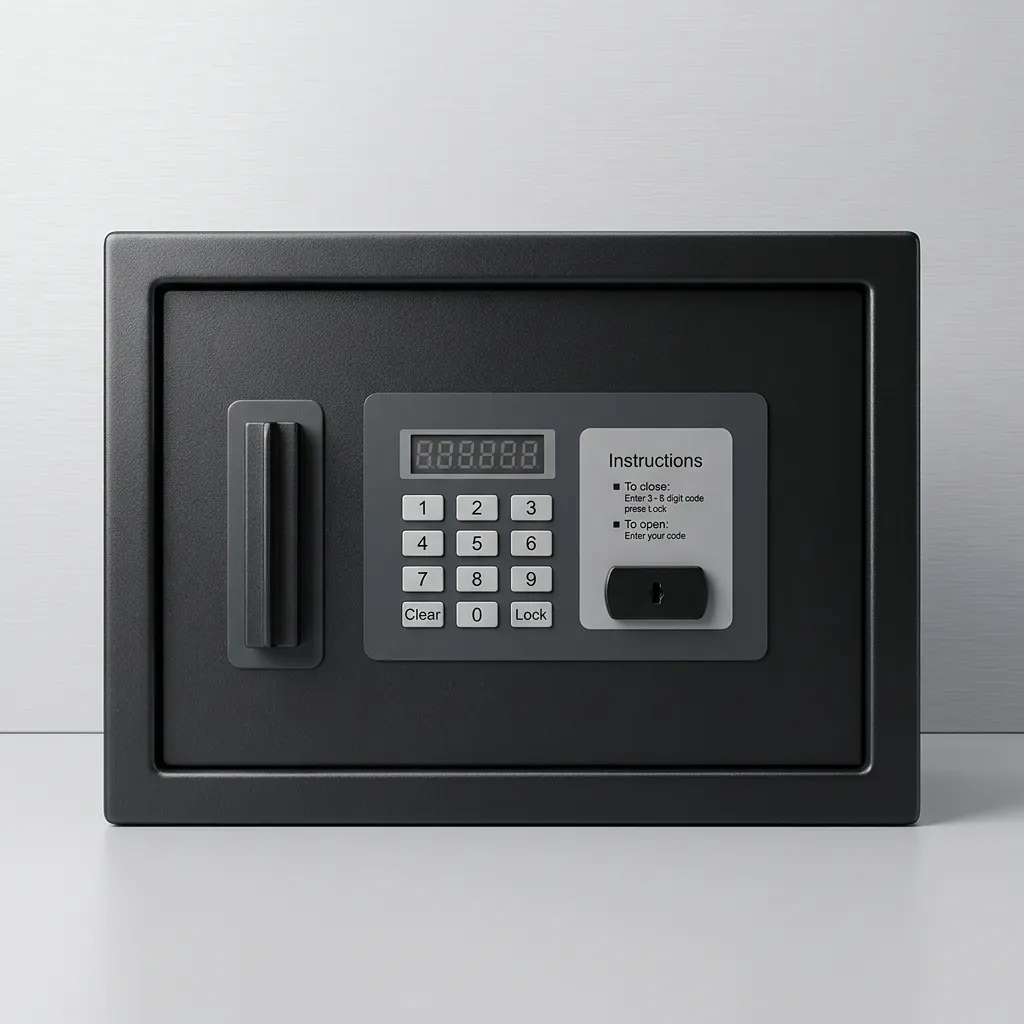 Heavy-Gauge Side-Opening Safe with Sand-Texture Finish [1042] — SFB-1042 — A side-opening hotel safe in arc-welded heavy-gauge steel with a sand-texture finish and an 18mm solid steel bolt. It opens three ways: a 4 to 6 digit guest code, a 6 digit master code or a mechanical key, with a 5-minute lockout after three wrong tries. A backlit LED keypad and reinforced 4mm door add security, powered by 4 AA batteries, finished in black. (image 4)