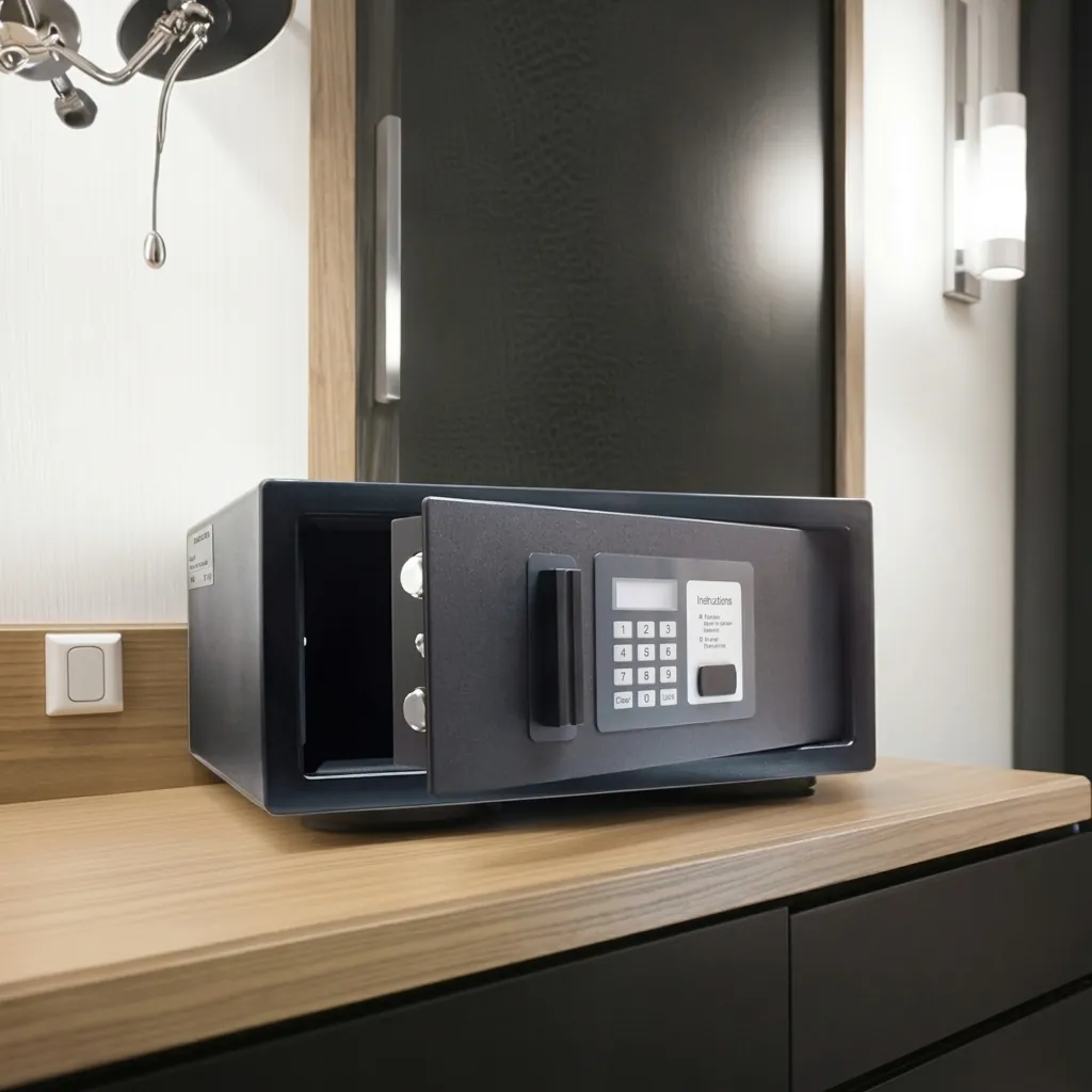 Heavy-Gauge Side-Opening Safe with Sand-Texture Finish [1042] — SFB-1042 — A side-opening hotel safe in arc-welded heavy-gauge steel with a sand-texture finish and an 18mm solid steel bolt. It opens three ways: a 4 to 6 digit guest code, a 6 digit master code or a mechanical key, with a 5-minute lockout after three wrong tries. A backlit LED keypad and reinforced 4mm door add security, powered by 4 AA batteries, finished in black. (image 5)