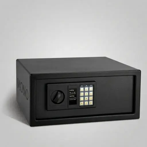 Heavy-Gauge Side-Opening Safe with Sand-Texture Finish [1043] — SFB-1043 — A spacious side-opening hotel safe in heavy-gauge steel with a sand-texture finish, sized to hold a 14-inch laptop. A 3 to 8 digit guest code with master-code and key override and a 5-minute lockout keep valuables secure, with a semi-automatic electronic lock. Reinforced 4mm door and frosted black finish, powered by 4 AA batteries.