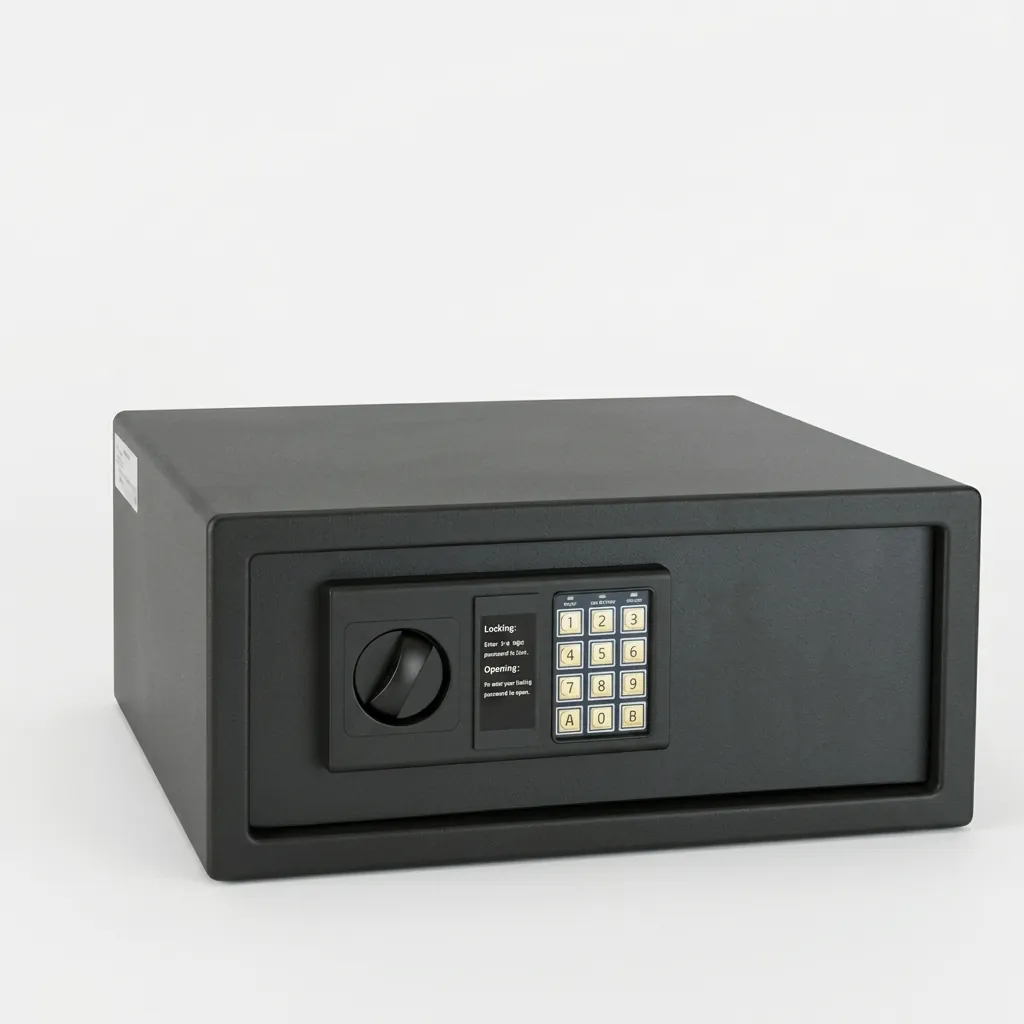 Heavy-Gauge Side-Opening Safe with Sand-Texture Finish [1043] — SFB-1043 — A spacious side-opening hotel safe in heavy-gauge steel with a sand-texture finish, sized to hold a 14-inch laptop. A 3 to 8 digit guest code with master-code and key override and a 5-minute lockout keep valuables secure, with a semi-automatic electronic lock. Reinforced 4mm door and frosted black finish, powered by 4 AA batteries. (image 2)
