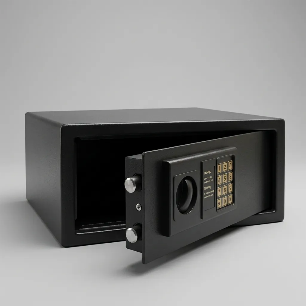 Heavy-Gauge Side-Opening Safe with Sand-Texture Finish [1043] — SFB-1043 — A spacious side-opening hotel safe in heavy-gauge steel with a sand-texture finish, sized to hold a 14-inch laptop. A 3 to 8 digit guest code with master-code and key override and a 5-minute lockout keep valuables secure, with a semi-automatic electronic lock. Reinforced 4mm door and frosted black finish, powered by 4 AA batteries. (image 3)