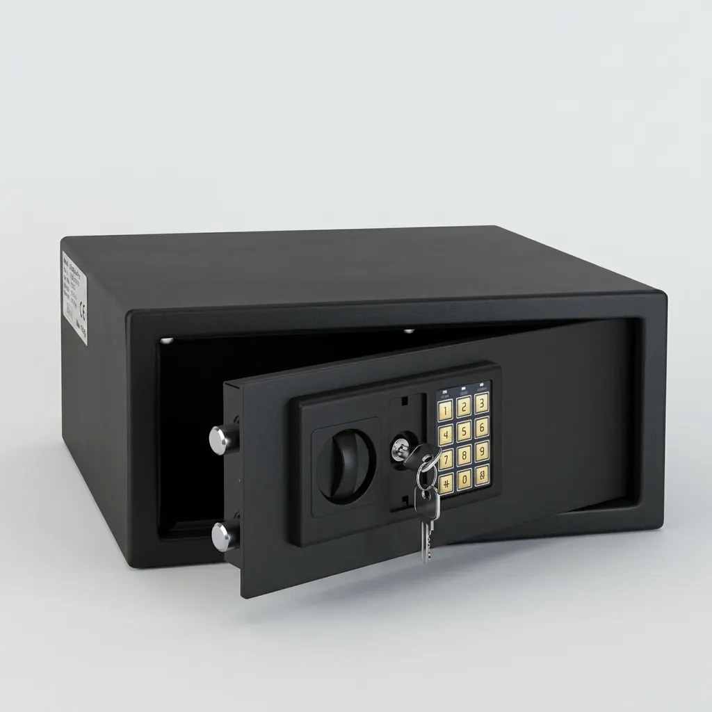 Heavy-Gauge Side-Opening Safe with Sand-Texture Finish [1043] — SFB-1043 — A spacious side-opening hotel safe in heavy-gauge steel with a sand-texture finish, sized to hold a 14-inch laptop. A 3 to 8 digit guest code with master-code and key override and a 5-minute lockout keep valuables secure, with a semi-automatic electronic lock. Reinforced 4mm door and frosted black finish, powered by 4 AA batteries. (image 4)