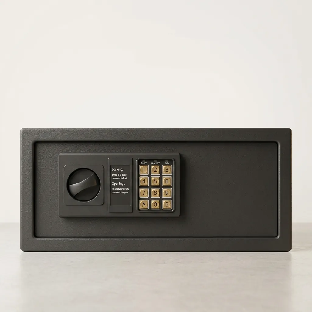 Heavy-Gauge Side-Opening Safe with Sand-Texture Finish [1043] — SFB-1043 — A spacious side-opening hotel safe in heavy-gauge steel with a sand-texture finish, sized to hold a 14-inch laptop. A 3 to 8 digit guest code with master-code and key override and a 5-minute lockout keep valuables secure, with a semi-automatic electronic lock. Reinforced 4mm door and frosted black finish, powered by 4 AA batteries. (image 5)