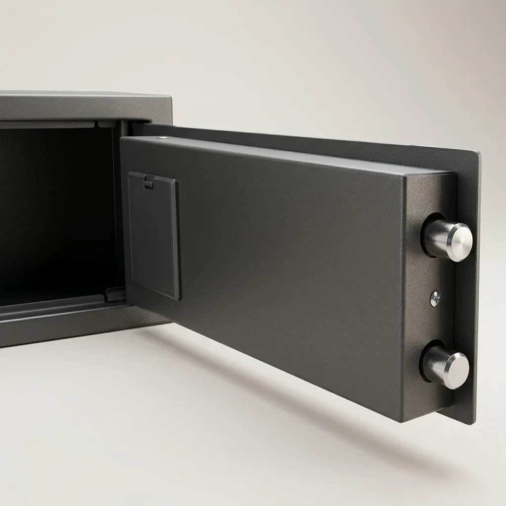 Heavy-Gauge Side-Opening Safe with Sand-Texture Finish [1043] — SFB-1043 — A spacious side-opening hotel safe in heavy-gauge steel with a sand-texture finish, sized to hold a 14-inch laptop. A 3 to 8 digit guest code with master-code and key override and a 5-minute lockout keep valuables secure, with a semi-automatic electronic lock. Reinforced 4mm door and frosted black finish, powered by 4 AA batteries. (image 6)