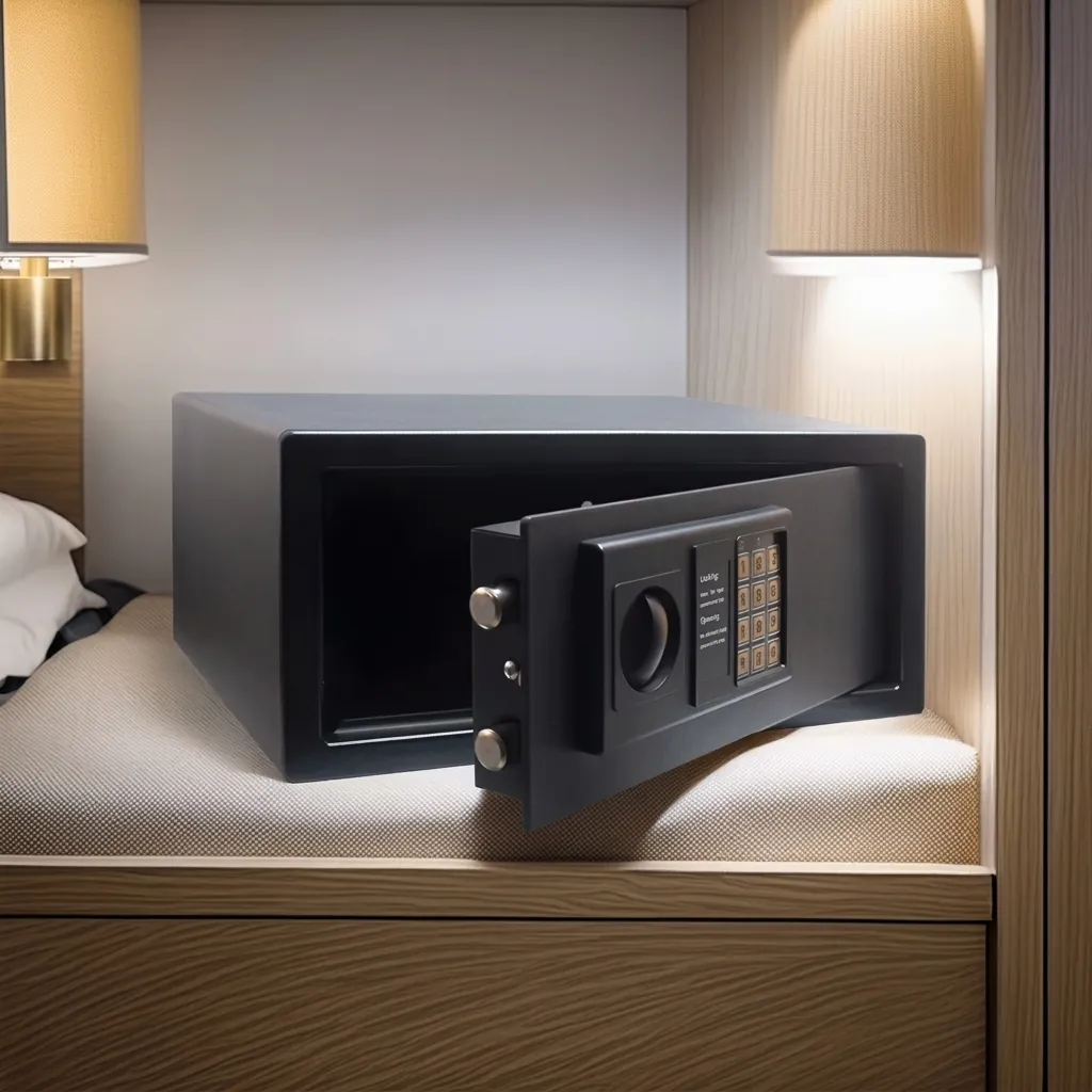 Heavy-Gauge Side-Opening Safe with Sand-Texture Finish [1043] — SFB-1043 — A spacious side-opening hotel safe in heavy-gauge steel with a sand-texture finish, sized to hold a 14-inch laptop. A 3 to 8 digit guest code with master-code and key override and a 5-minute lockout keep valuables secure, with a semi-automatic electronic lock. Reinforced 4mm door and frosted black finish, powered by 4 AA batteries. (image 7)