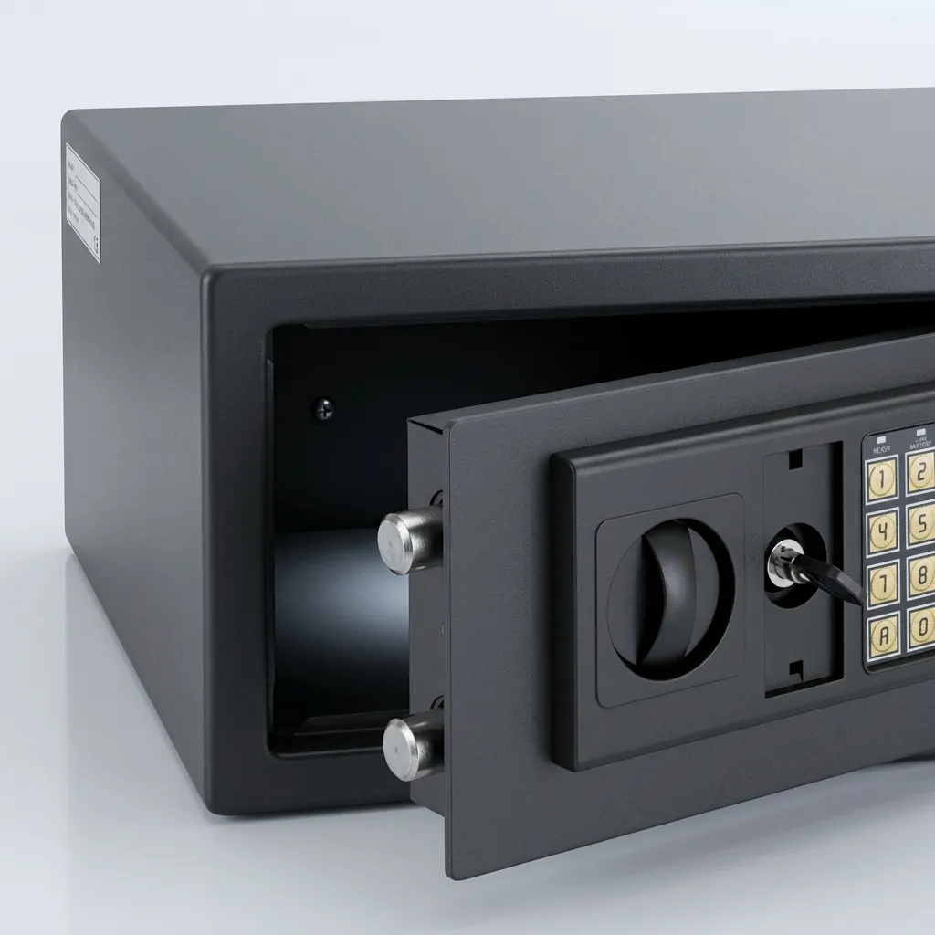 Heavy-Gauge Side-Opening Safe with Sand-Texture Finish [1043] — SFB-1043 — A spacious side-opening hotel safe in heavy-gauge steel with a sand-texture finish, sized to hold a 14-inch laptop. A 3 to 8 digit guest code with master-code and key override and a 5-minute lockout keep valuables secure, with a semi-automatic electronic lock. Reinforced 4mm door and frosted black finish, powered by 4 AA batteries. (image 8)
