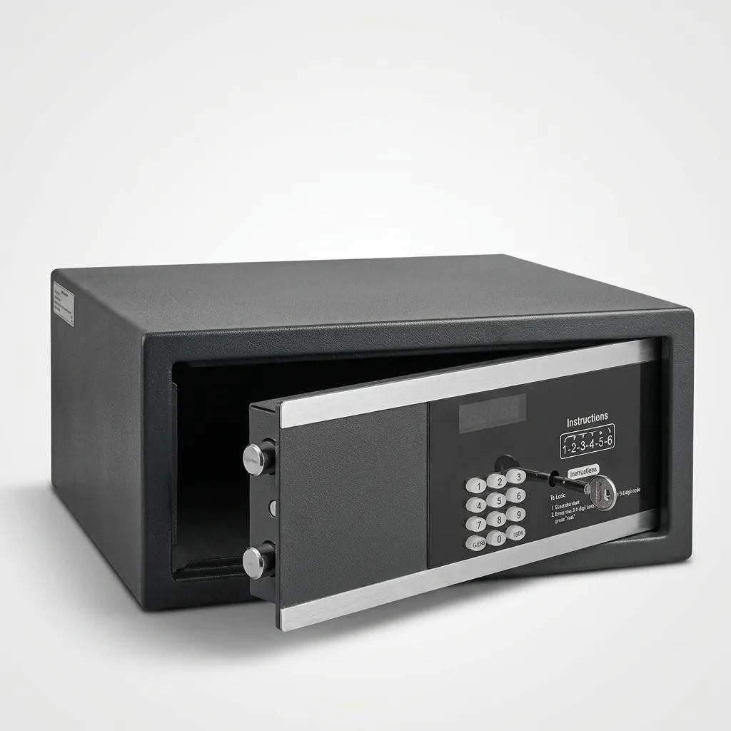 Heavy-Gauge Side-Opening Safe with Sand-Texture Finish [1044] — SFB-1044 — A side-opening hotel safe in arc-welded heavy-gauge steel with an 18mm solid steel bolt for strong security. A backlit LED keypad takes a 3 to 6 digit guest code with master-code and key override, plus a 5-minute lockout after three wrong tries. The door opens automatically on the correct code, with a backup safety key, available in black, white, red or orange. (image 2)