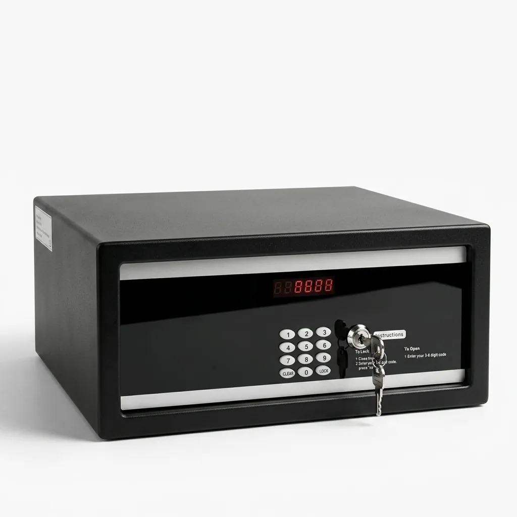 Heavy-Gauge Side-Opening Safe with Sand-Texture Finish [1044] — SFB-1044 — A side-opening hotel safe in arc-welded heavy-gauge steel with an 18mm solid steel bolt for strong security. A backlit LED keypad takes a 3 to 6 digit guest code with master-code and key override, plus a 5-minute lockout after three wrong tries. The door opens automatically on the correct code, with a backup safety key, available in black, white, red or orange. (image 3)