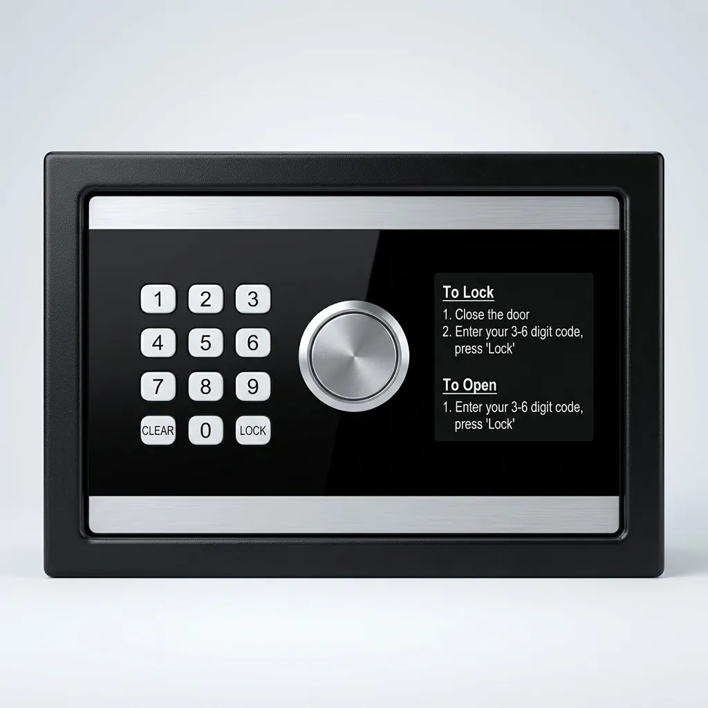Heavy-Gauge Side-Opening Safe with Sand-Texture Finish [1044] — SFB-1044 — A side-opening hotel safe in arc-welded heavy-gauge steel with an 18mm solid steel bolt for strong security. A backlit LED keypad takes a 3 to 6 digit guest code with master-code and key override, plus a 5-minute lockout after three wrong tries. The door opens automatically on the correct code, with a backup safety key, available in black, white, red or orange. (image 4)