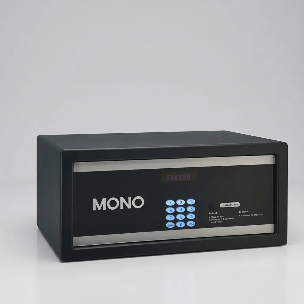 Heavy-Gauge Side-Opening Safe with Sand-Texture Finish [1044] — SFB-1044 — A side-opening hotel safe in arc-welded heavy-gauge steel with an 18mm solid steel bolt for strong security. A backlit LED keypad takes a 3 to 6 digit guest code with master-code and key override, plus a 5-minute lockout after three wrong tries. The door opens automatically on the correct code, with a backup safety key, available in black, white, red or orange. (image 1)