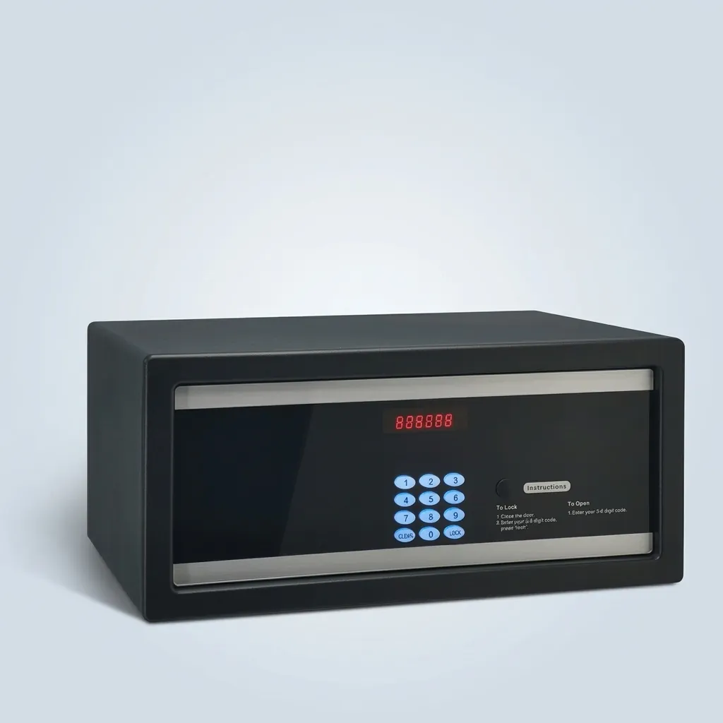 Heavy-Gauge Side-Opening Safe with Sand-Texture Finish [1044] — SFB-1044 — A side-opening hotel safe in arc-welded heavy-gauge steel with an 18mm solid steel bolt for strong security. A backlit LED keypad takes a 3 to 6 digit guest code with master-code and key override, plus a 5-minute lockout after three wrong tries. The door opens automatically on the correct code, with a backup safety key, available in black, white, red or orange. (image 5)