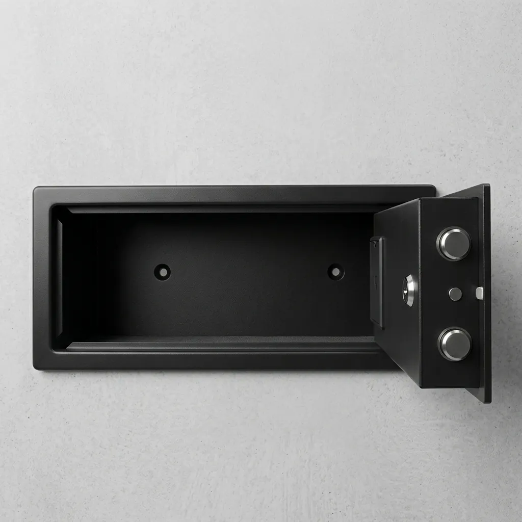Heavy-Gauge Side-Opening Safe with Sand-Texture Finish [1044] — SFB-1044 — A side-opening hotel safe in arc-welded heavy-gauge steel with an 18mm solid steel bolt for strong security. A backlit LED keypad takes a 3 to 6 digit guest code with master-code and key override, plus a 5-minute lockout after three wrong tries. The door opens automatically on the correct code, with a backup safety key, available in black, white, red or orange. (image 6)