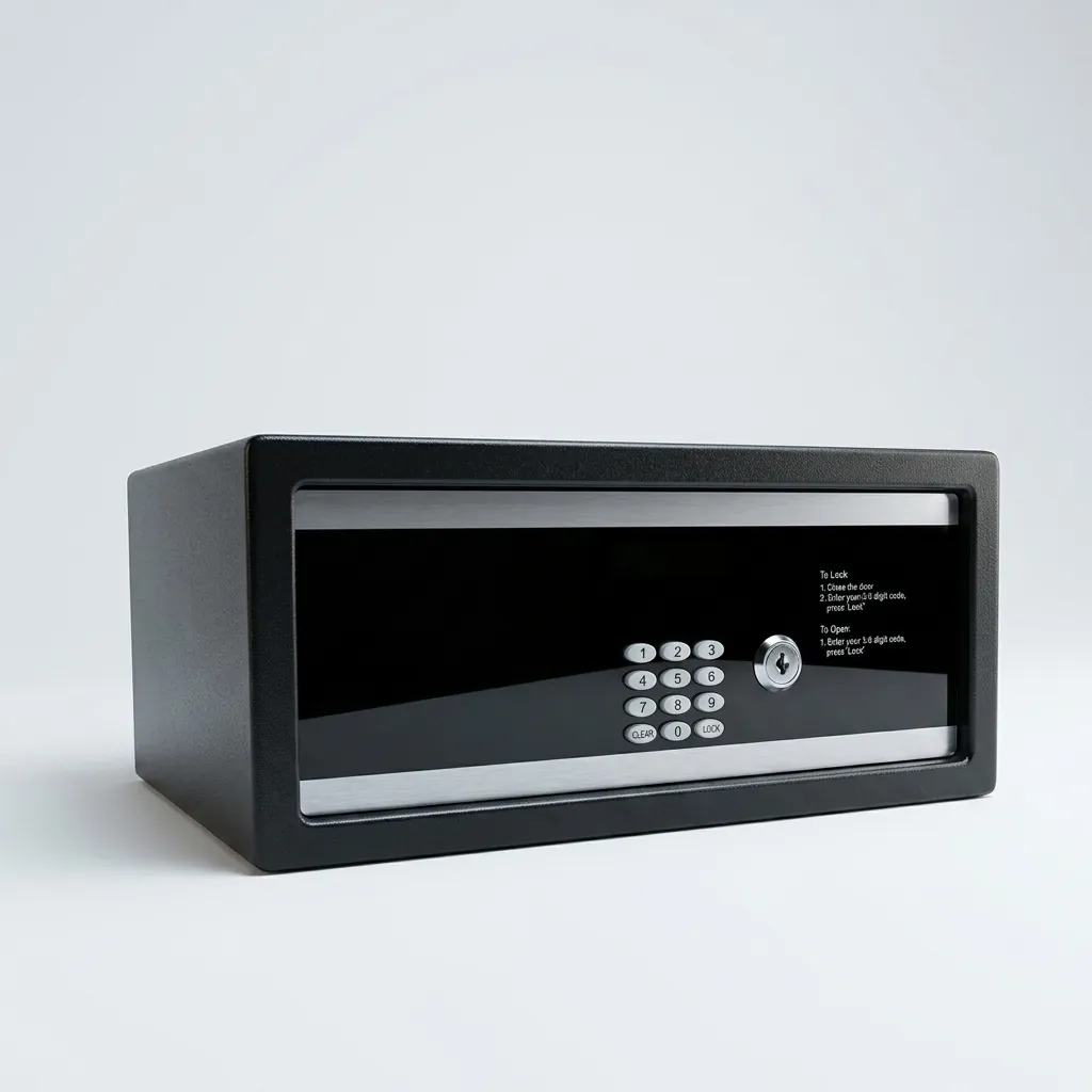 Heavy-Gauge Side-Opening Safe with Sand-Texture Finish [1044] — SFB-1044 — A side-opening hotel safe in arc-welded heavy-gauge steel with an 18mm solid steel bolt for strong security. A backlit LED keypad takes a 3 to 6 digit guest code with master-code and key override, plus a 5-minute lockout after three wrong tries. The door opens automatically on the correct code, with a backup safety key, available in black, white, red or orange. (image 7)
