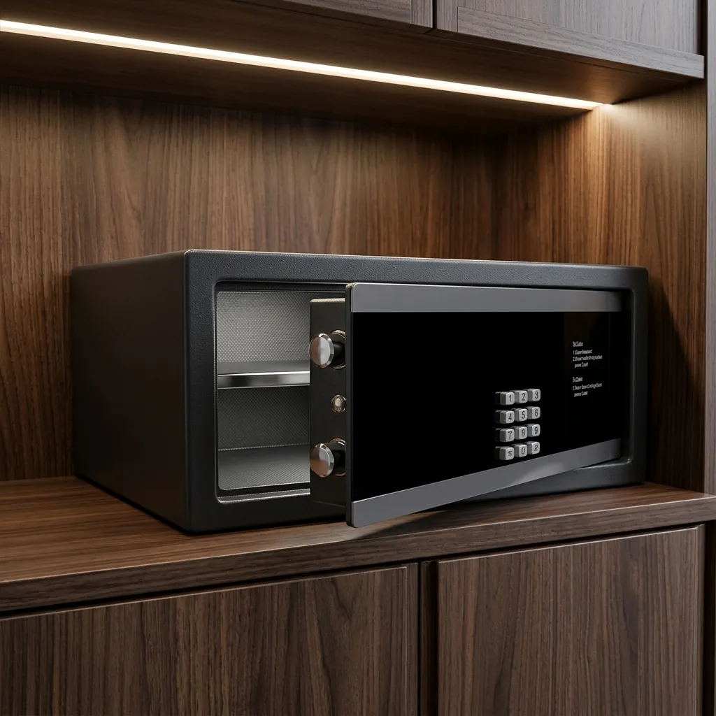 Heavy-Gauge Side-Opening Safe with Sand-Texture Finish [1044] — SFB-1044 — A side-opening hotel safe in arc-welded heavy-gauge steel with an 18mm solid steel bolt for strong security. A backlit LED keypad takes a 3 to 6 digit guest code with master-code and key override, plus a 5-minute lockout after three wrong tries. The door opens automatically on the correct code, with a backup safety key, available in black, white, red or orange. (image 8)