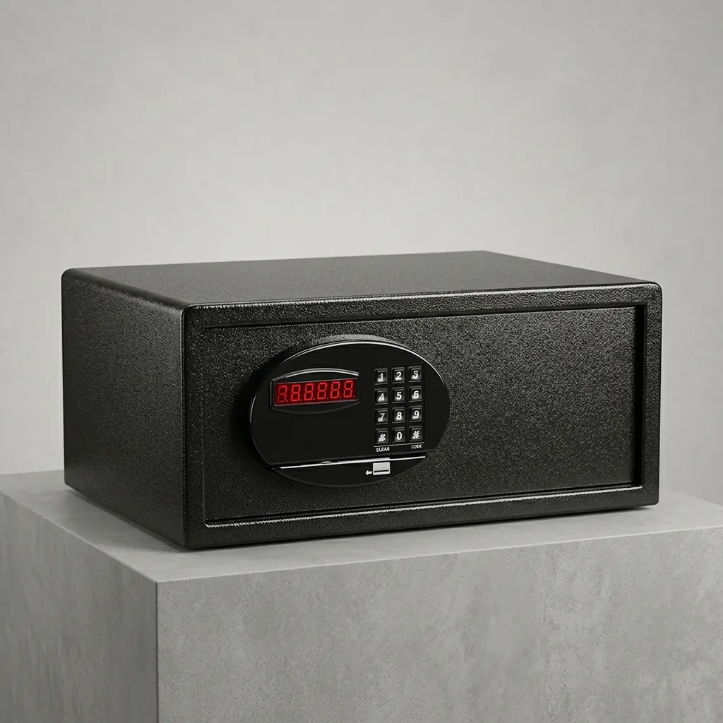 Wall-Mounted Safe Box With Magnetic Card — SFB-1045 — A wall-mounted hotel safe in heavy-gauge steel with an 18mm solid steel bolt and a reinforced 5mm door. It opens by a 3 to 6 digit code or magnetic card, including any bank card, with master-code, manage-card and key overrides. A backlit LED keypad and 5-minute lockout add security, powered by 4 AA batteries, in black or orange. (image 2)