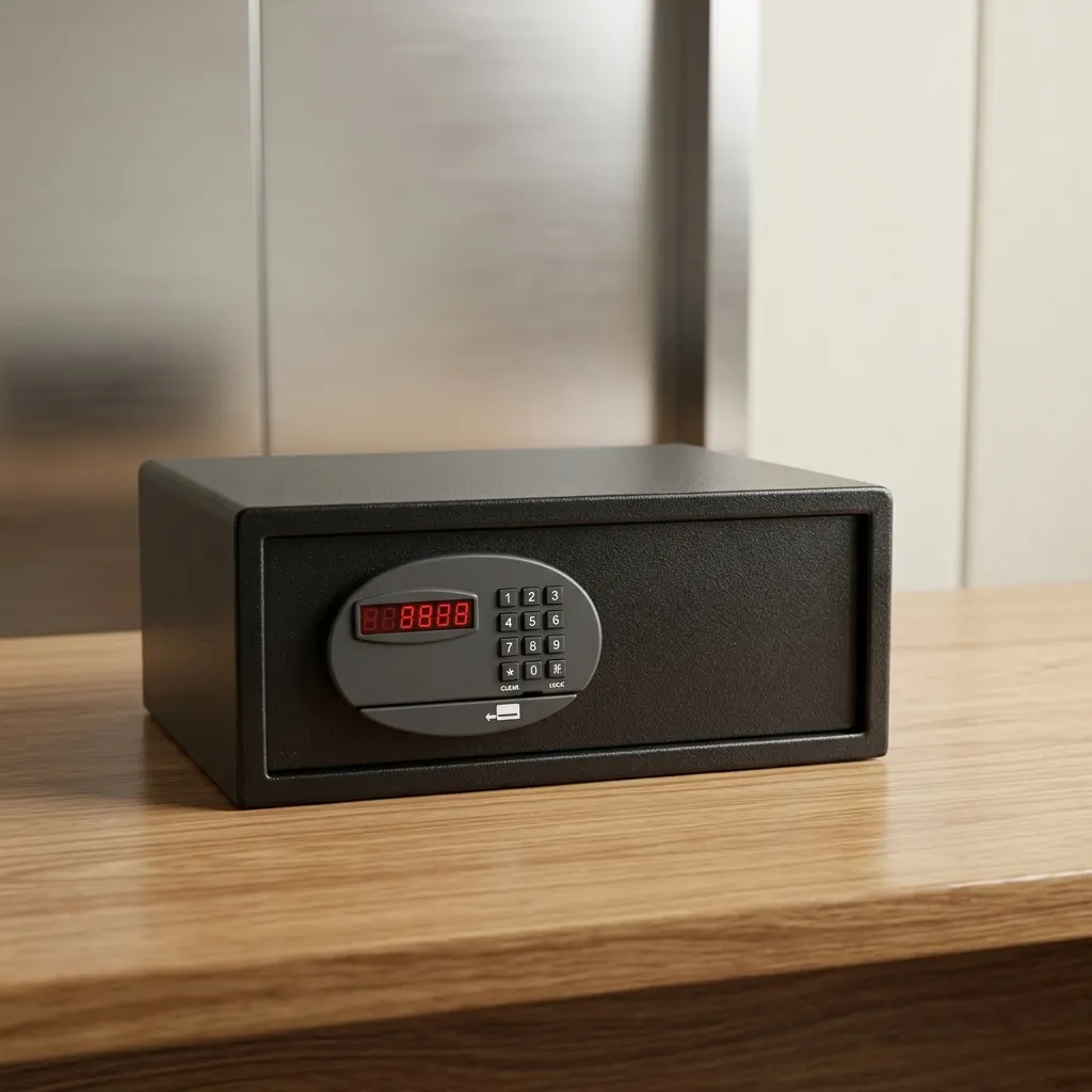 Wall-Mounted Safe Box With Magnetic Card — SFB-1045 — A wall-mounted hotel safe in heavy-gauge steel with an 18mm solid steel bolt and a reinforced 5mm door. It opens by a 3 to 6 digit code or magnetic card, including any bank card, with master-code, manage-card and key overrides. A backlit LED keypad and 5-minute lockout add security, powered by 4 AA batteries, in black or orange. (image 3)