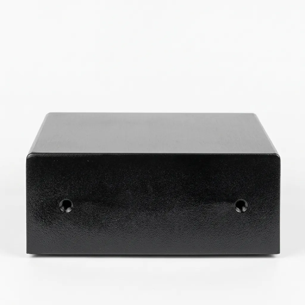 Wall-Mounted Safe Box With Magnetic Card — SFB-1045 — A wall-mounted hotel safe in heavy-gauge steel with an 18mm solid steel bolt and a reinforced 5mm door. It opens by a 3 to 6 digit code or magnetic card, including any bank card, with master-code, manage-card and key overrides. A backlit LED keypad and 5-minute lockout add security, powered by 4 AA batteries, in black or orange. (image 4)