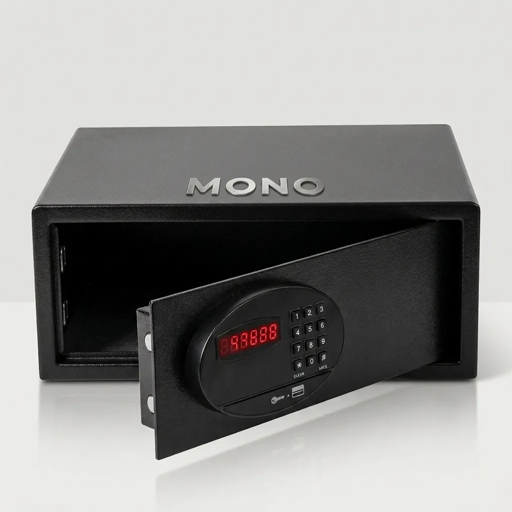 Wall-Mounted Safe Box With Magnetic Card — SFB-1045 — A wall-mounted hotel safe in heavy-gauge steel with an 18mm solid steel bolt and a reinforced 5mm door. It opens by a 3 to 6 digit code or magnetic card, including any bank card, with master-code, manage-card and key overrides. A backlit LED keypad and 5-minute lockout add security, powered by 4 AA batteries, in black or orange. (image 1)