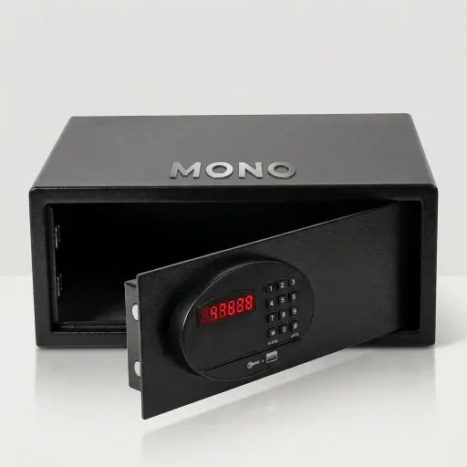 Wall-Mounted Safe Box With Magnetic Card — SFB-1045 — A wall-mounted hotel safe in heavy-gauge steel with an 18mm solid steel bolt and a reinforced 5mm door. It opens by a 3 to 6 digit code or magnetic card, including any bank card, with master-code, manage-card and key overrides. A backlit LED keypad and 5-minute lockout add security, powered by 4 AA batteries, in black or orange.