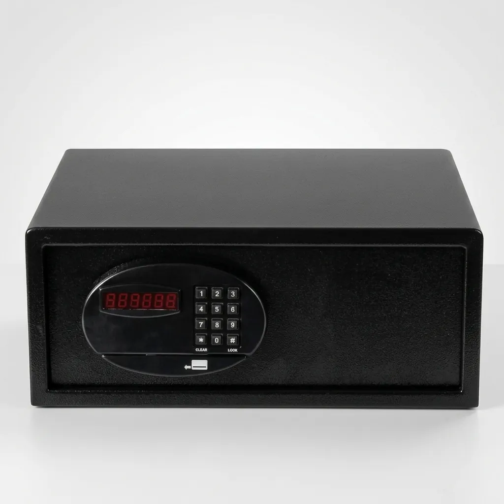 Wall-Mounted Safe Box With Magnetic Card — SFB-1045 — A wall-mounted hotel safe in heavy-gauge steel with an 18mm solid steel bolt and a reinforced 5mm door. It opens by a 3 to 6 digit code or magnetic card, including any bank card, with master-code, manage-card and key overrides. A backlit LED keypad and 5-minute lockout add security, powered by 4 AA batteries, in black or orange. (image 5)