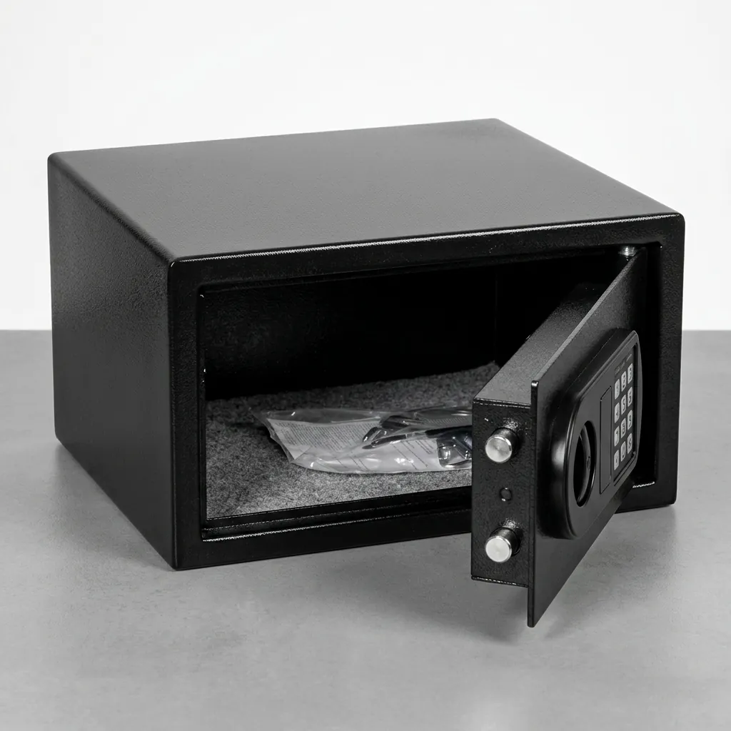 Wall-Mounted Safe Box With Magnetic Card — SFB-1045 — A wall-mounted hotel safe in heavy-gauge steel with an 18mm solid steel bolt and a reinforced 5mm door. It opens by a 3 to 6 digit code or magnetic card, including any bank card, with master-code, manage-card and key overrides. A backlit LED keypad and 5-minute lockout add security, powered by 4 AA batteries, in black or orange. (image 6)