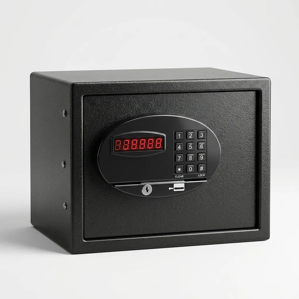 Wall-Mounted Safe Box With Magnetic Card — SFB-1045 — A wall-mounted hotel safe in heavy-gauge steel with an 18mm solid steel bolt and a reinforced 5mm door. It opens by a 3 to 6 digit code or magnetic card, including any bank card, with master-code, manage-card and key overrides. A backlit LED keypad and 5-minute lockout add security, powered by 4 AA batteries, in black or orange. (image 7)