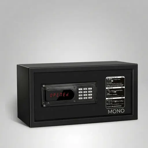 Heavy-Gauge Side-Opening Safe with Sand-Texture Finish [1051] — SFB-1051 — A side-opening hotel safe in arc-welded heavy-gauge steel with an 18mm solid steel bolt and a reinforced 5mm door. A backlit LED keypad takes a 3 to 6 digit guest code with master-code and key override, plus a 5-minute lockout and an external backup power option. Opens automatically on the correct code, powered by 4 AA batteries, in black or orange.