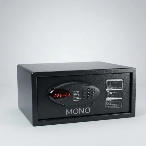 Heavy-Gauge Side-Opening Safe with Sand-Texture Finish [1052] — SFB-1052 — A side-opening hotel safe in arc-welded heavy-gauge steel with an 18mm solid steel bolt and a reinforced 5mm door. A backlit LED keypad takes a 3 to 6 digit guest code with master-code and key override, plus a 5-minute lockout after three wrong tries. Opens automatically on the correct code, with a backup safety key, in black or orange.