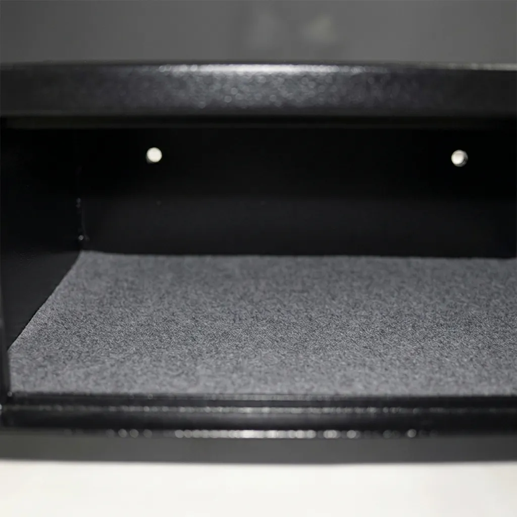Heavy-Gauge Side-Opening Safe with Sand-Texture Finish [1053] — SFB-1053 — A side-opening hotel safe in arc-welded heavy-gauge steel with an 18mm solid steel bolt and a reinforced 5mm door. A backlit LED keypad takes a 3 to 6 digit guest code with master-code and key override, plus a 5-minute lockout. The door opens automatically on the correct code, powered by 4 AA batteries, in black or orange. (image 2)