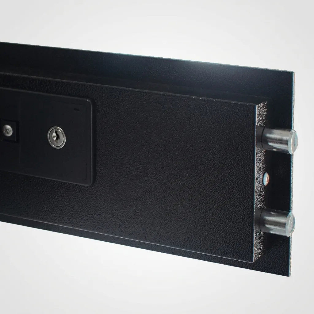 Heavy-Gauge Side-Opening Safe with Sand-Texture Finish [1053] — SFB-1053 — A side-opening hotel safe in arc-welded heavy-gauge steel with an 18mm solid steel bolt and a reinforced 5mm door. A backlit LED keypad takes a 3 to 6 digit guest code with master-code and key override, plus a 5-minute lockout. The door opens automatically on the correct code, powered by 4 AA batteries, in black or orange. (image 3)