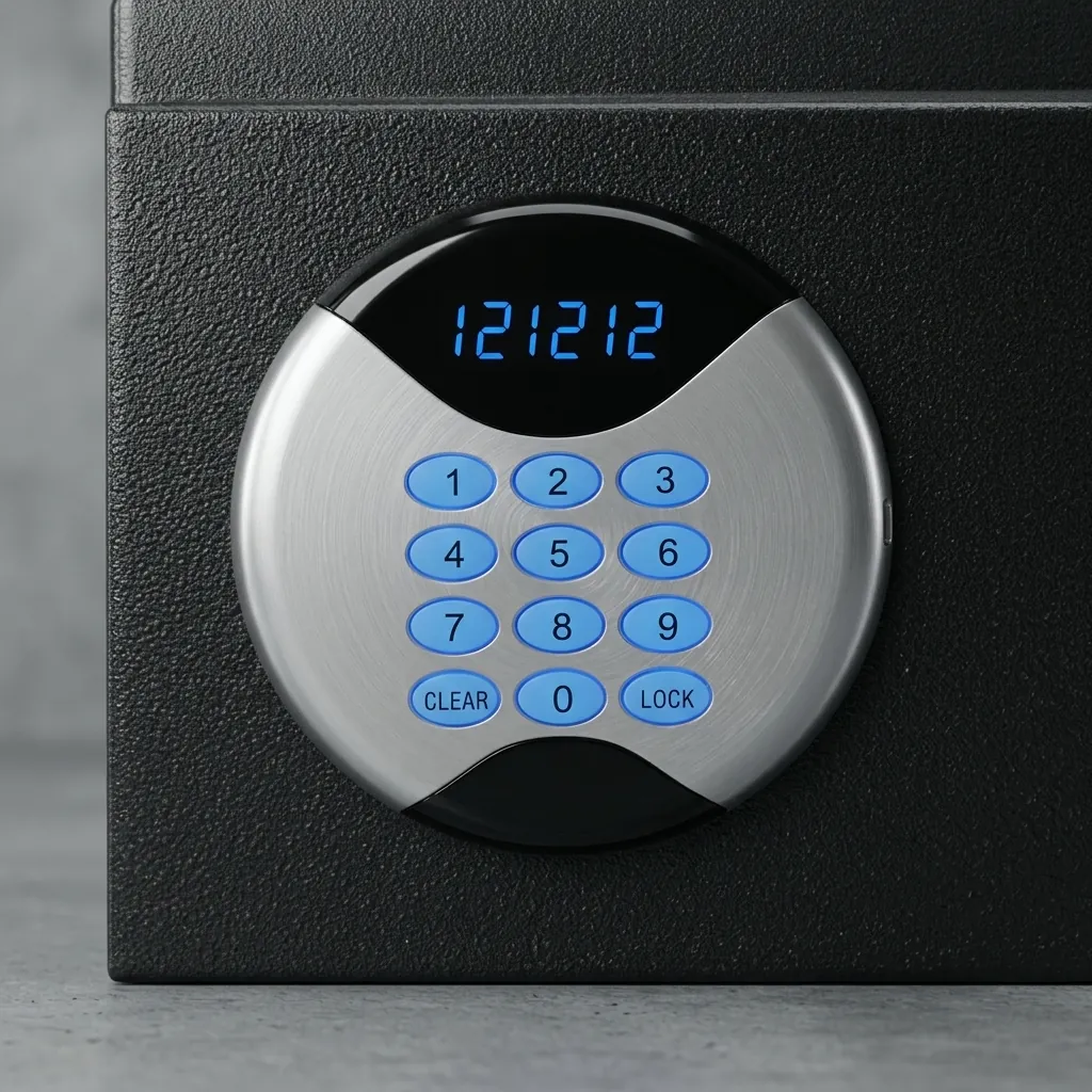 Heavy-Gauge Side-Opening Safe with Sand-Texture Finish [1053] — SFB-1053 — A side-opening hotel safe in arc-welded heavy-gauge steel with an 18mm solid steel bolt and a reinforced 5mm door. A backlit LED keypad takes a 3 to 6 digit guest code with master-code and key override, plus a 5-minute lockout. The door opens automatically on the correct code, powered by 4 AA batteries, in black or orange. (image 5)