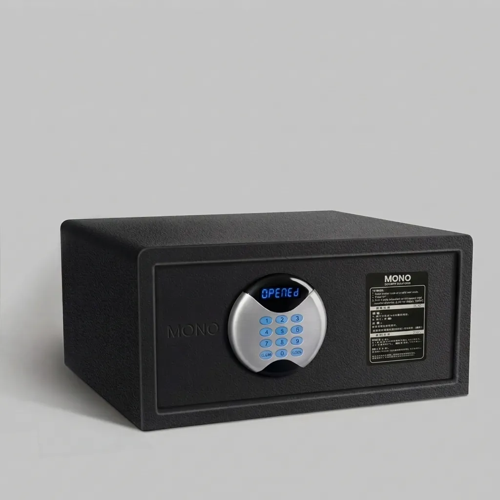 Heavy-Gauge Side-Opening Safe with Sand-Texture Finish [1053] — SFB-1053 — A side-opening hotel safe in arc-welded heavy-gauge steel with an 18mm solid steel bolt and a reinforced 5mm door. A backlit LED keypad takes a 3 to 6 digit guest code with master-code and key override, plus a 5-minute lockout. The door opens automatically on the correct code, powered by 4 AA batteries, in black or orange. (image 1)