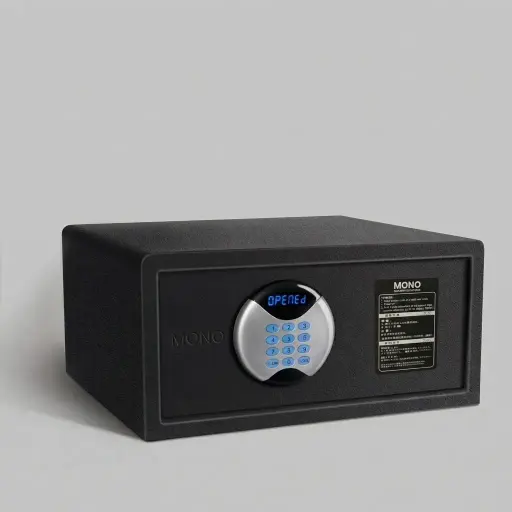 Heavy-Gauge Side-Opening Safe with Sand-Texture Finish [1053] — SFB-1053 — A side-opening hotel safe in arc-welded heavy-gauge steel with an 18mm solid steel bolt and a reinforced 5mm door. A backlit LED keypad takes a 3 to 6 digit guest code with master-code and key override, plus a 5-minute lockout. The door opens automatically on the correct code, powered by 4 AA batteries, in black or orange.