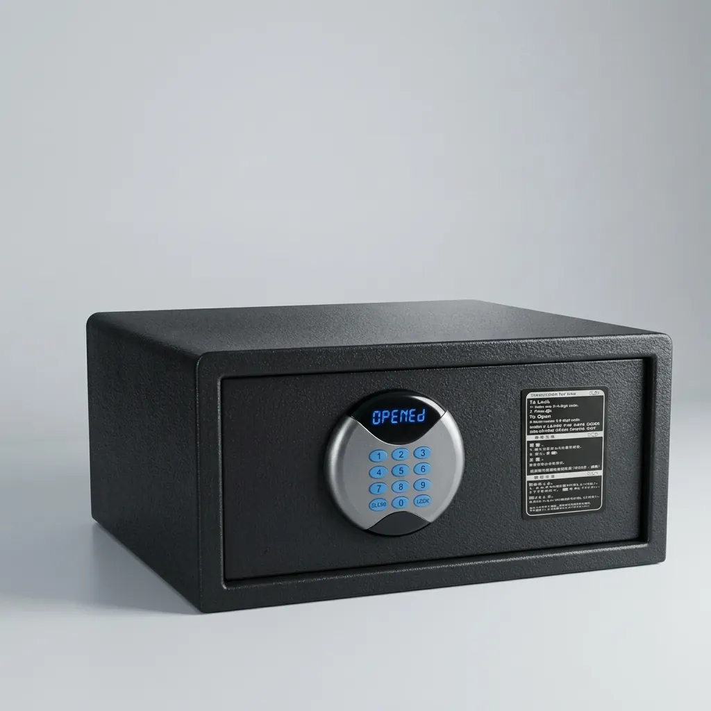 Heavy-Gauge Side-Opening Safe with Sand-Texture Finish [1053] — SFB-1053 — A side-opening hotel safe in arc-welded heavy-gauge steel with an 18mm solid steel bolt and a reinforced 5mm door. A backlit LED keypad takes a 3 to 6 digit guest code with master-code and key override, plus a 5-minute lockout. The door opens automatically on the correct code, powered by 4 AA batteries, in black or orange. (image 6)